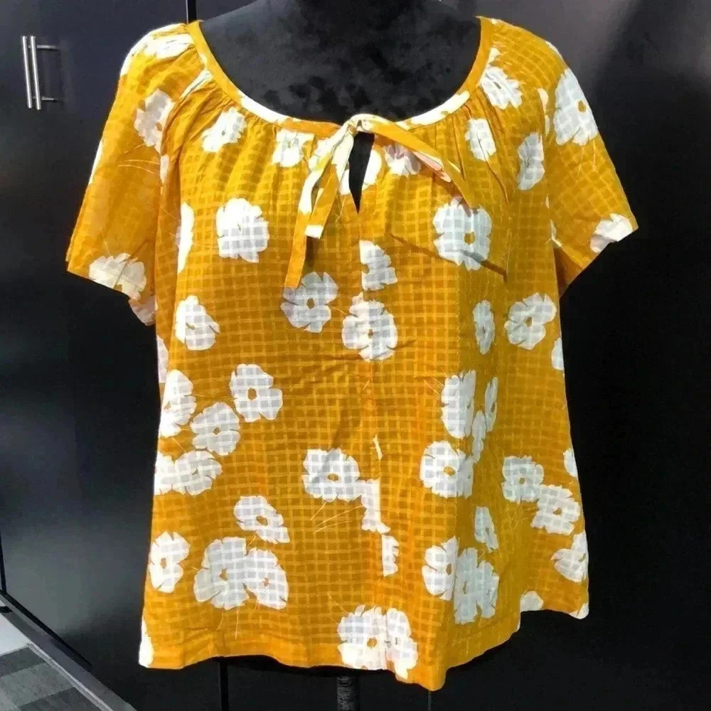 GAP Flutter Short sleeve,scoop neck tie, mustard floral cotton top